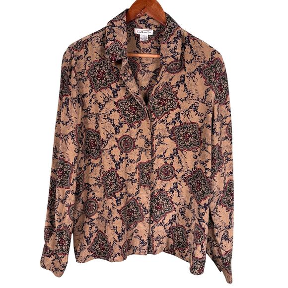 Talbots Women's Brown Pure Silk Collared Floral Paisley Print Button Front Shirt - Picture 1 of 10